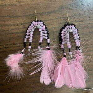 Handmade pink and black headdress earrings